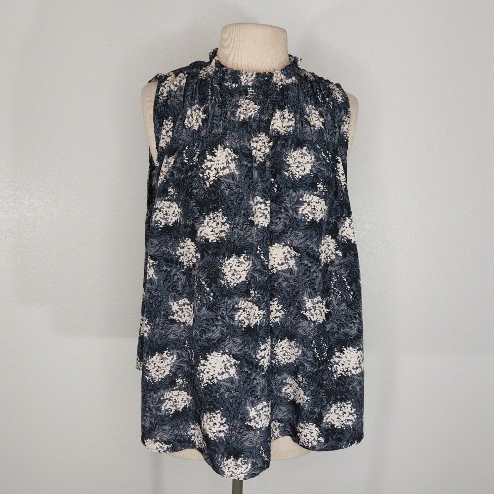 Joie Top Womens Large Blouse Sleeveless Ruffle High Neck Baltic Print Black Tan